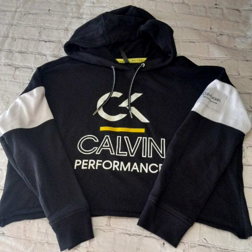 EUC Ladies L Calvin Klein Performance Cropped Logo Colorblocked Hoodie
